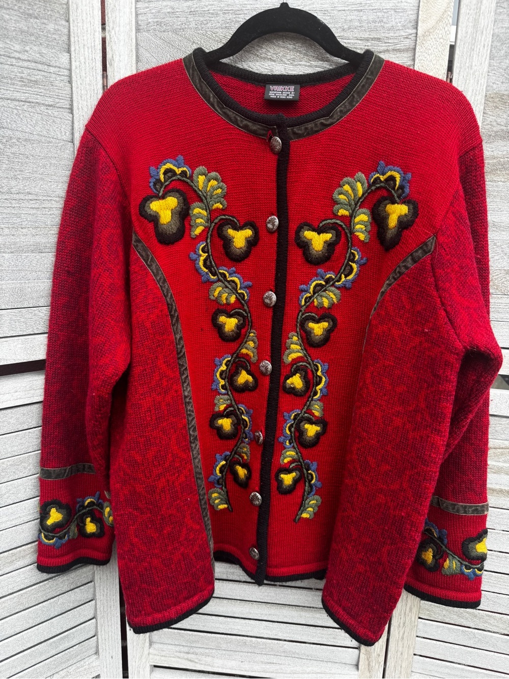 Vrikke Norwegian Wool Cardigan Fair Isle Folk Red M